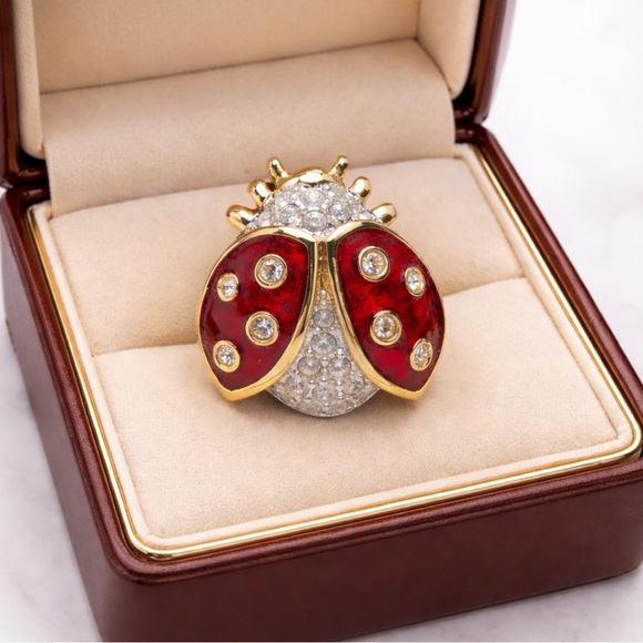 Swarovski Jewelry - SWAROVSKI Signed Vintage 18k Gold-Plated Red Enamel Crystal Ladybug Brooch